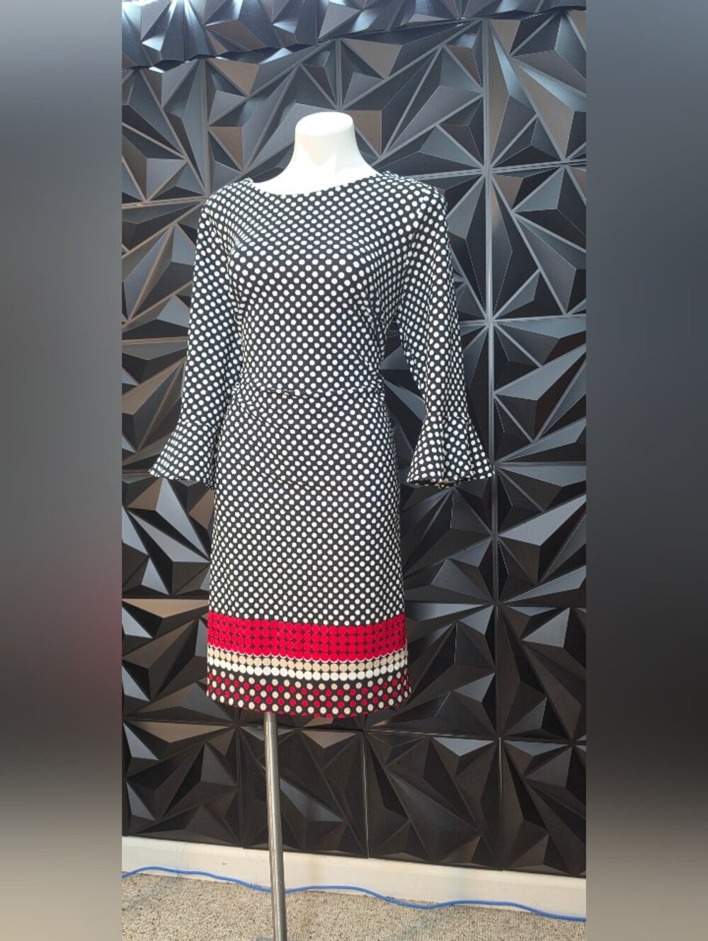 Polka Dot Long-Sleeve Shift Dress with Red Stripe